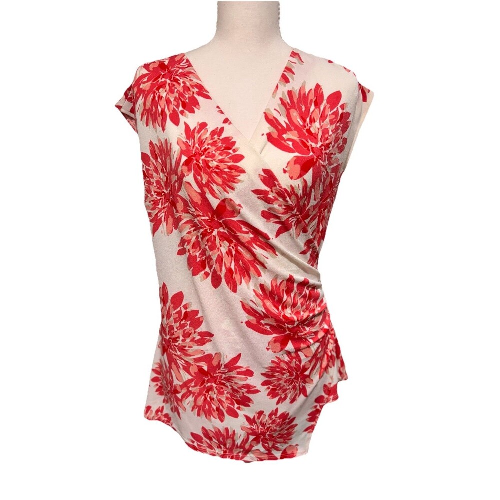 Ann Taylor Women's Sz Med Red White Floral Print Short Sleeve Draped V-Neck Top